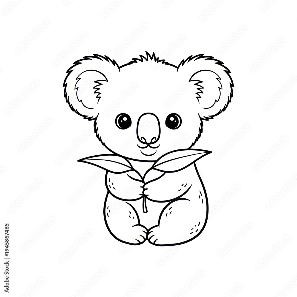 Fototapeta premium Cute cartoon koala holding eucalyptus leaves black white illustration