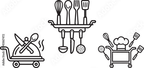 Culinary emblem vector with chef hat, serving cart, cooking cart, and kitchen utensil rack design