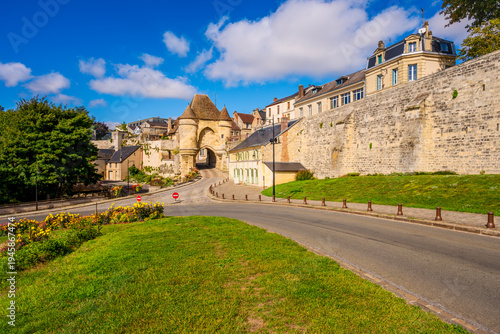 View on the City Gate of Laon, a city in the Aisne department in Hauts-de-France in northern France. It is the prefecture of the Aisne department, known for the gothic Laon Cathedral.