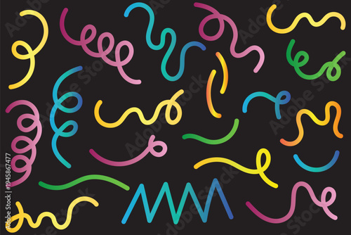 Colorful gradiant abstract doodle wavy line shapes, squiggle color wave confetti, cute carnival confetti ribbons. Abstract Organic Color Line Shapes. Vector Squiggle Pattern Design.