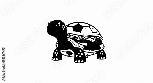 A black and white drawing of a turtle with a soccer ball shell and a hamburger body