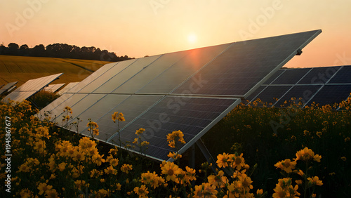 solar panels on a flower field. sunset in the field