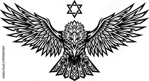 tribal eagle illustration, sacred geometric bird, star symbol design, powerful wings emblem, mystical eagle artwork, spiritual symbol graphic, decorative tattoo style