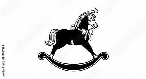 A black and white drawing of a decorated rocking horse with a star