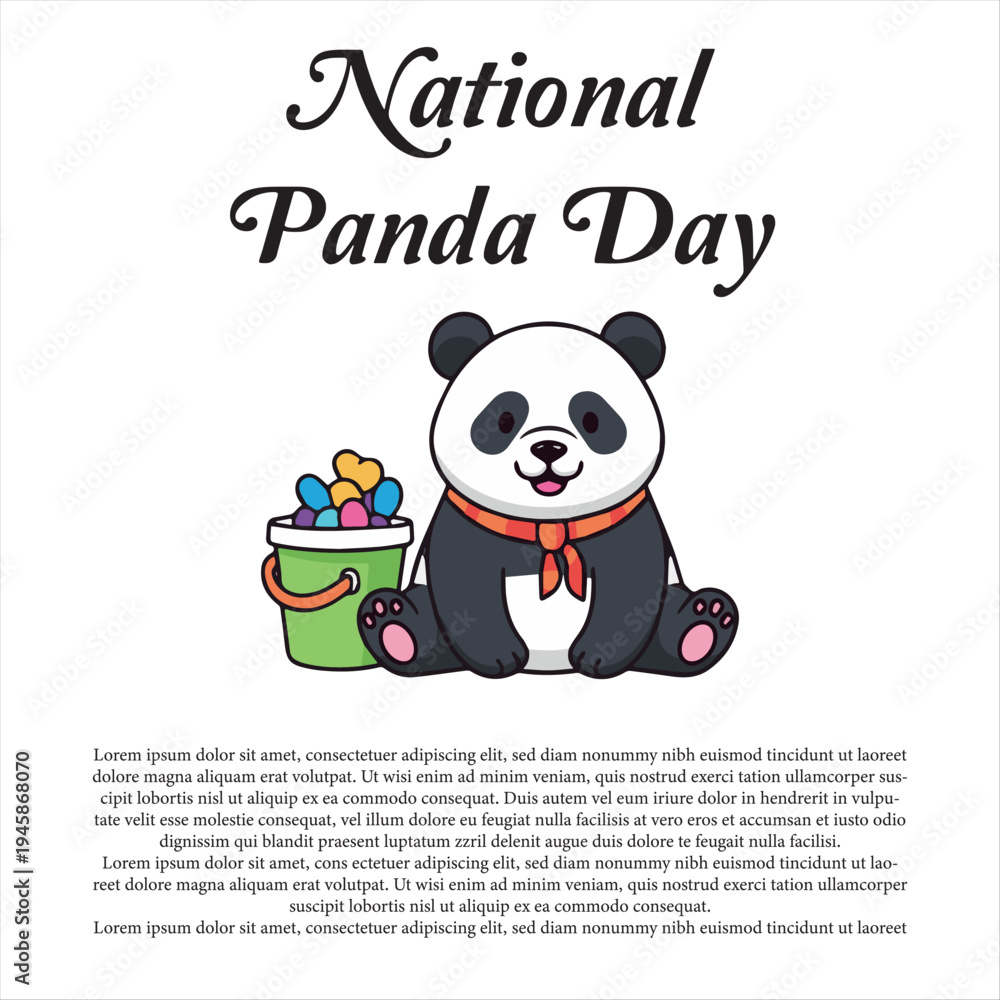 Fototapeta premium Charming illustrated panda character with a festive bucket of heart-shaped sweets, perfect for a joyful occasion