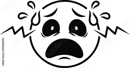 A black and white cartoon of a frightened face with sweat drops and lightning bolts