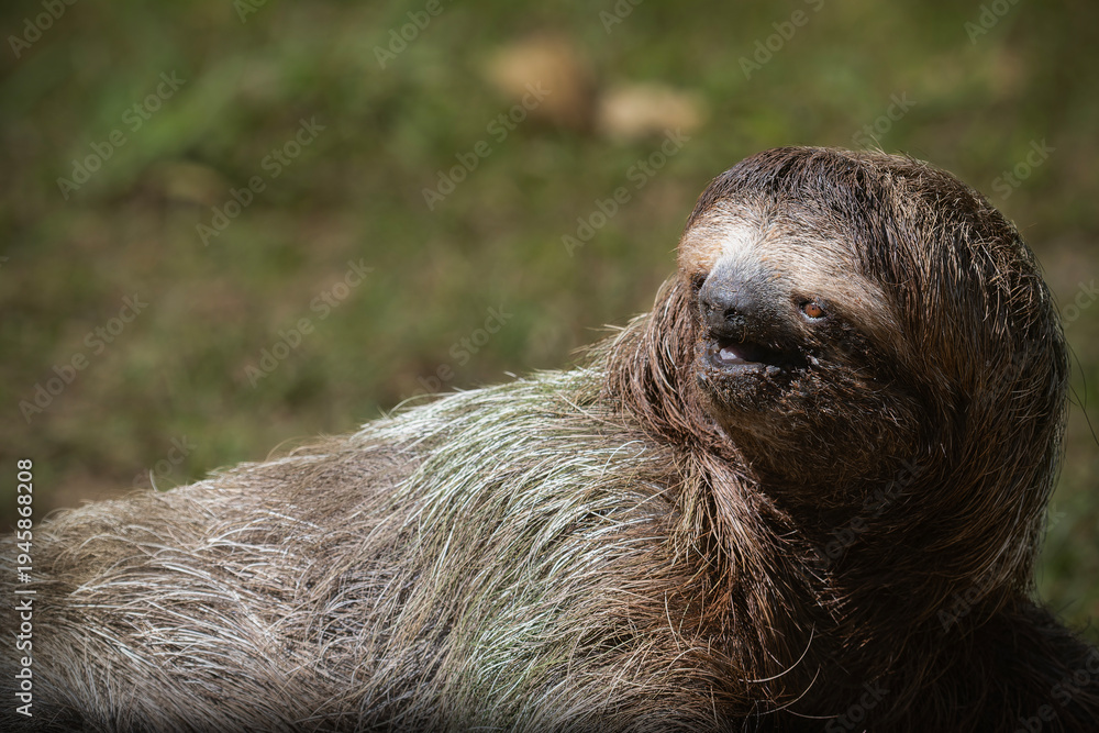 Obraz premium Three toed sloth walking on ground portrait in tropical habitat