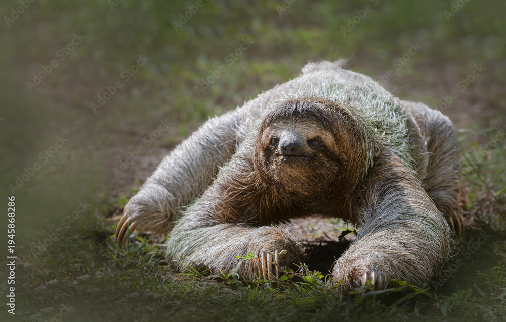 Obraz premium Three toed sloth walking on ground portrait in tropical habitat
