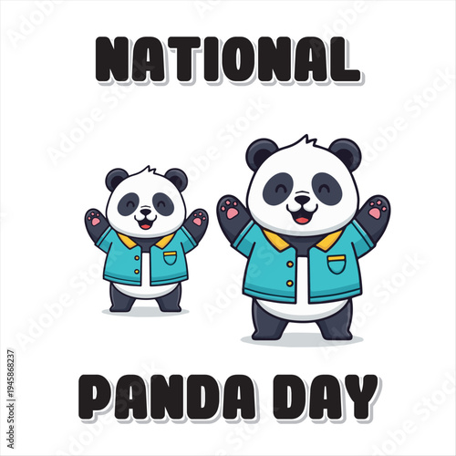 Happy National Panda Day Celebration with Cute Cartoon Pandas in Blue Jackets