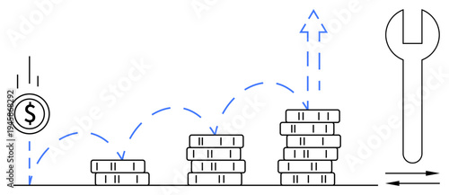 Economic success, financial planning, investment strategies, wealth management, profitability, productivity. Coin stacks with upward arrows and wrench symbol. Financial planning and investment