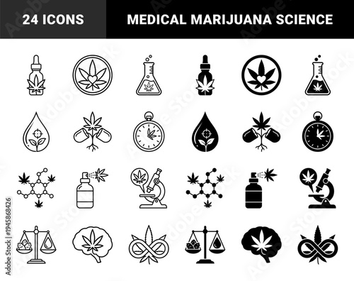 Cannabis Science and Medical Marijuana Hybrid Icons Featuring Laboratory Glassware Microscopic Analysis Brain Health and Chemical Molecule Structures