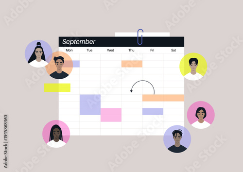 Colorful monthly calendar showcases a group of individuals organizing their schedules, emphasizing collaboration and teamwork in planning their events for the month.