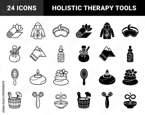 Wellness and Holistic Spa Therapy Symbols Featuring Hybrid Designs Combining Natural Elements with Relaxation Tools in Line and Solid Styles