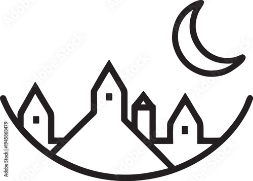 Vector illustration of a whimsical winter village landscape featuring a charming house under a moonlit night sky with artistic abstract elements and snowy architecture