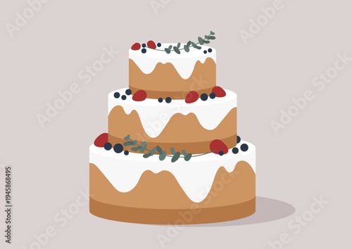 A beautifully crafted three-layered cake stands proudly, decorated with vibrant berries and elegant greenery, perfect for a joyful event full of sweetness and celebration.
