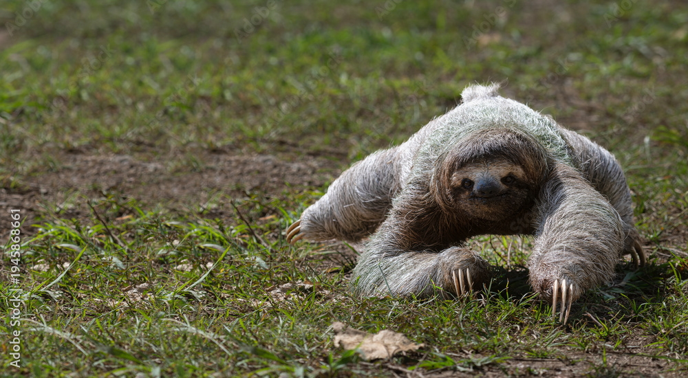 Obraz premium Three toed sloth walking on ground portrait in tropical habitat