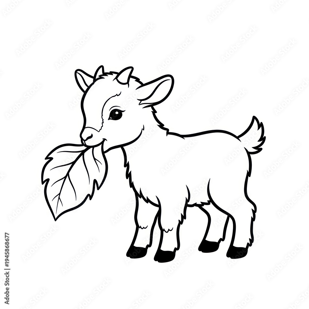 Fototapeta premium Cute cartoon baby goat with a leaf in its mouth