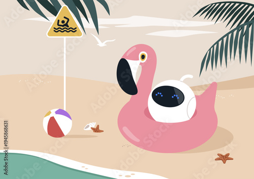 A playful beach scene where a robot relaxes on a flamingo inflatable, hinting at the idea of letting machine handle work tasks while its human enjoys a carefree vacation.