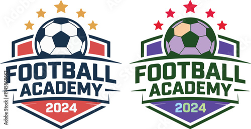 Football Academy 2024 Logo Badge Set with Soccer Ball and Shield Emblems in Red Blue and Purple for Sports Training and Team Branding