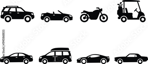 Vehicle silhouette illustration design, car motorcycle truck forklift artwork concept, transportation theme, automotive symbol, urban mobility graphic style image
