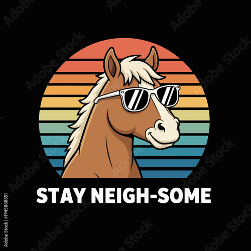 Brown horse wearing sunglasses sideways.