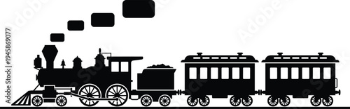 Vintage steam train silhouette vector with locomotive engine and passenger wagons on tracks for historical transportation and travel industry design projects