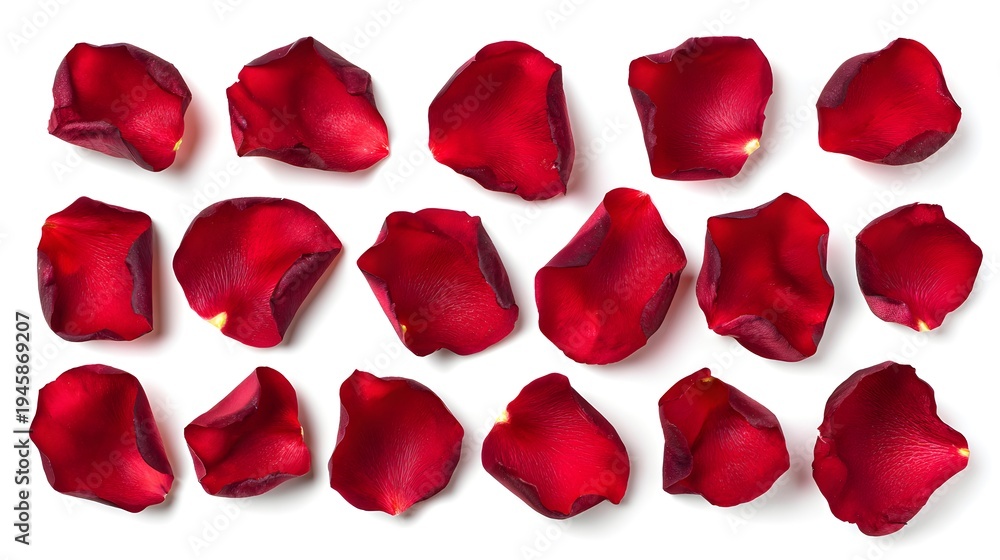 Fototapeta premium Scattered Red Rose Petals on a White Background.
