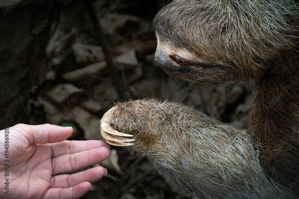 Fototapeta premium Three toed sloth interacting with human hand wildlife interaction portrait