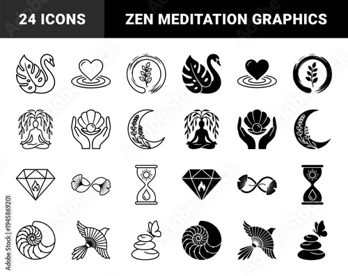 Hybrid Zen and Wellness Symbols Merging Organic Nature Elements with Spiritual Icons in Minimalist Line and Solid Silhouette Graphic Style