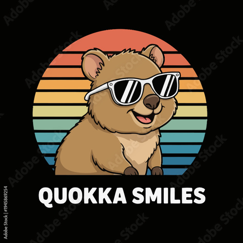 Smiling quokka wearing sunglasses happily outside.