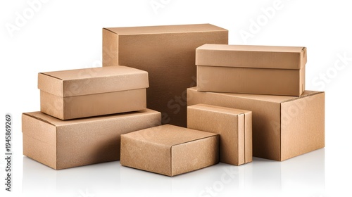 Collection of Cardboard Boxes Stacked Together on a White Background.