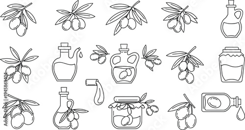 Olive Branches and Olive Oil Bottles Outline Collection Mediterranean Food Ingredient Line Art Vector Illustration