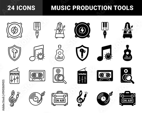 Hybrid music and audio production icon set featuring unique conceptual blends like vinyl clock metronome pulse and electric guitar equalizer