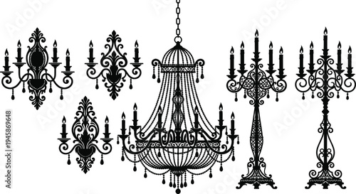 Vintage chandelier candelabra silhouette illustration design, ornate lighting artwork concept, baroque theme, decorative symbol, interior decor graphic style image