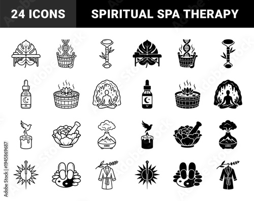 Wellness and Holistic Therapy Symbols Featuring Hybrid Designs of Lotus Basins DNA Sauna Buckets and Zen Meditation Caves in Dual Outline Solid Style