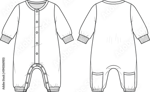 Baby romper technical cad drawing flat vector illustration with snap button closure ribbed cuffs and long sleeves for childrenswear design