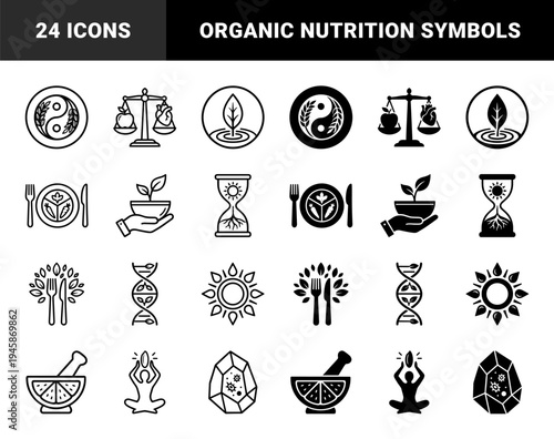 Hybrid conceptual icons merging nutrition and wellness symbols including yin yang grain balance scale heart and dna helix leaf structures