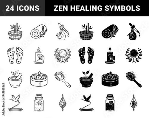 Zen Wellness and Holistic Spa Icons featuring Hybrid Symbols like Crane Incense Burner Ginkgo Candle and Bamboo Bath Tub for Healing Arts