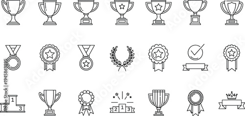 trophy cup award medal and winner badge outline icons collection for competition achievement championship success reward vector