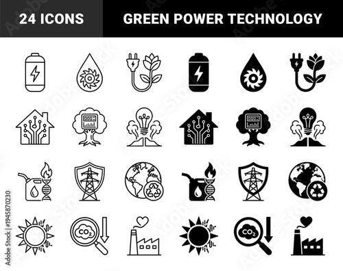 Sustainable energy hybrid symbols featuring nature technology integration with battery leaf geothermal bulb and carbon reduction concepts