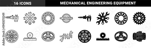Mechanical Engineering Hybrid Design Symbols Integrating Cogwheel Gears Wrench Tools Calipers and Ball Bearings for Industrial Manufacturing