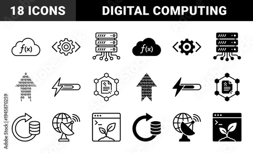 Hybrid computing and digital development icons featuring cloud functions gear code integration binary data growth and server network connectivity