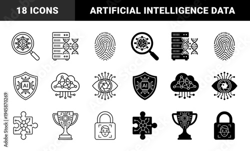Hybrid biometric and artificial intelligence icons featuring brain magnifying glass dna server rack fingerprint data and smart security shield