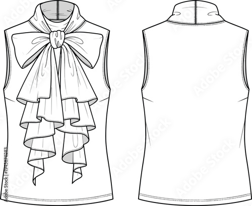 Sleeveless blouse technical cad drawing flat vector illustration with oversized neck bow draped ruffles and high collar for fashion design