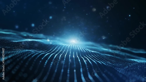 Blue digital wave pattern with glowing particles and light flare moving slowly in space