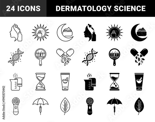 Skincare and cosmetic science hybrid icons featuring sun protection spray dna helix moisturizing cream hourglass and lab beaker symbols