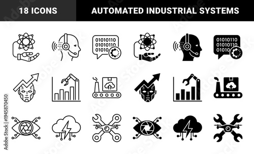 Industrial automation and smart manufacturing icons featuring hybrid designs of robotic arms with data charts and cloud factory logistics with artificial intelligence