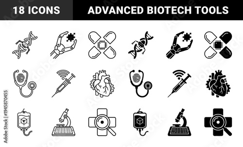 Biotechnology and digital medicine hybrid icon set featuring dna nanobots robotic surgery arms smart pills and bio-implantable medical sensors