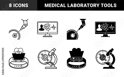 Biotechnology and Digital Health Iconography Featuring Robotic In Vitro Fertilization Lab Equipment Wearable Heart Monitors and Genetic Research