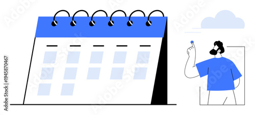 Scheduling, time management, planning, productivity, teamwork, deadlines. Desk calendar with marked days and abstract figure holding a symbol. Scheduling and time management concept